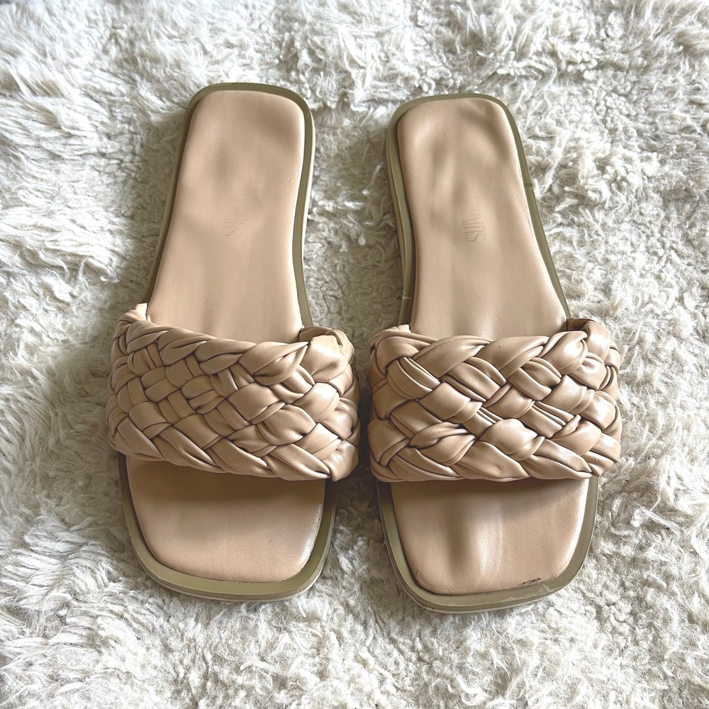 Dream Pairs Women Nude Braided Slide Sandals Square Toe Flat Slip On Tan Size 8